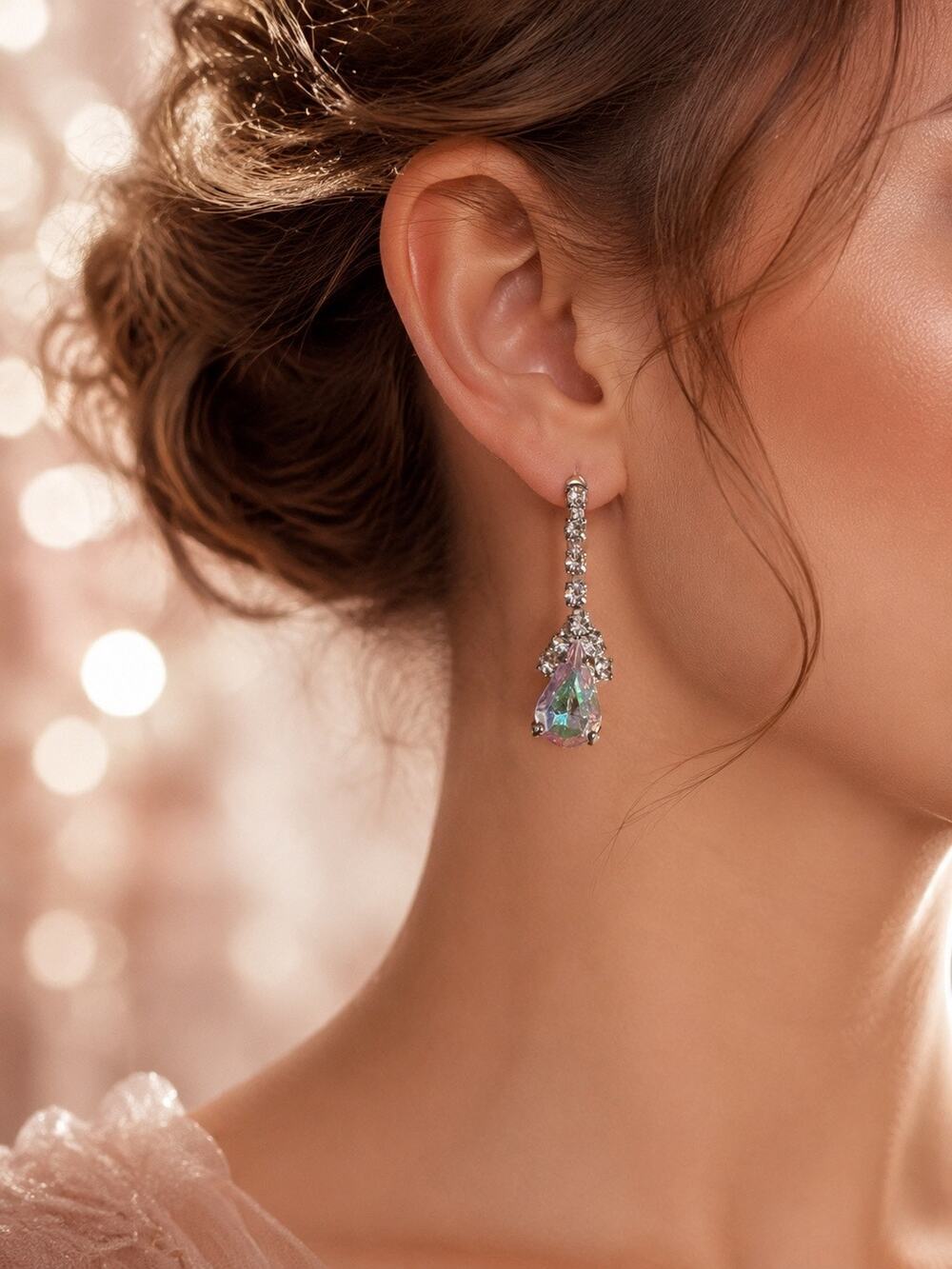 Iridescent Crystal Teardrop Rhinestone Silver Tone Dangle Earrings Glam